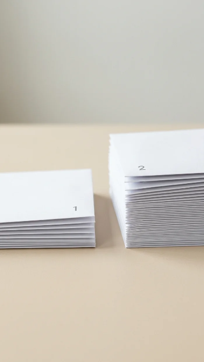 Two stacks of numbered envelopes side by side, one noticeably thin and one noticeably thick