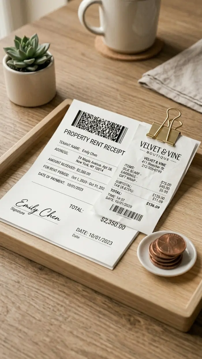 A rent receipt and a boutique shop receipt clipped together on a wooden tray