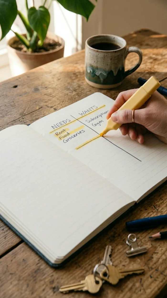 A notebook page with Needs and Wants columns, rent, food, and groceries highlighted under Needs