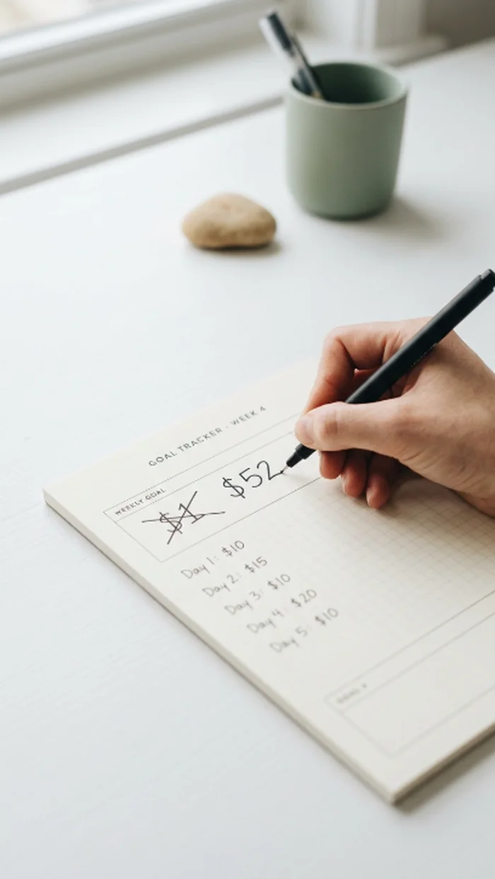 A hand writing this week's savings goal on a tracker sheet with a daily amount breakdown