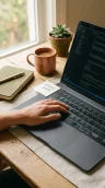 Hands typing on a laptop beside a notebook and a copper mug in warm window light