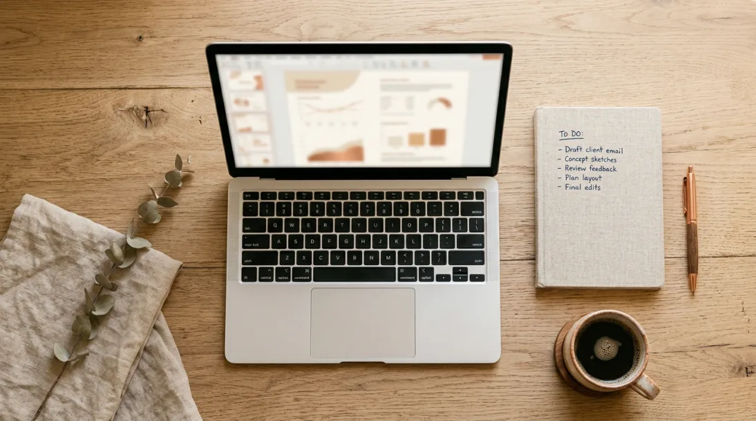 An open laptop showing a blurred document on screen next to a paper notebook with a handwritten to-do list and a copper pen