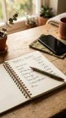 A handwritten budget list in a spiral notebook with a copper pen, a phone set face down beside it
