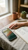 A hand resting between a phone showing a budgeting app and an open notebook of handwritten categories