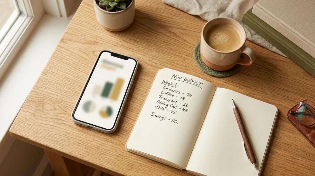 A smartphone showing a blurred abstract budgeting chart next to an open notebook with a handwritten November budget list, a cup of coffee nearby