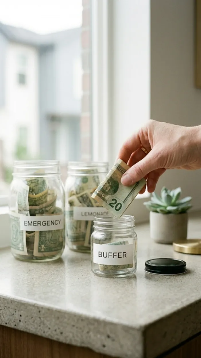 A hand moving a folded bill into a jar labeled Buffer, next to jars labeled Emergency and Lemonade
