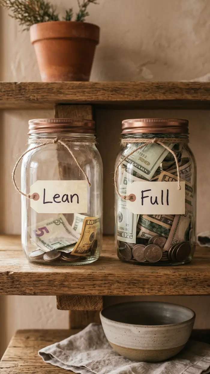 Two glass jars labeled Lean and Full, the Lean jar holding a little cash and the Full jar holding much more