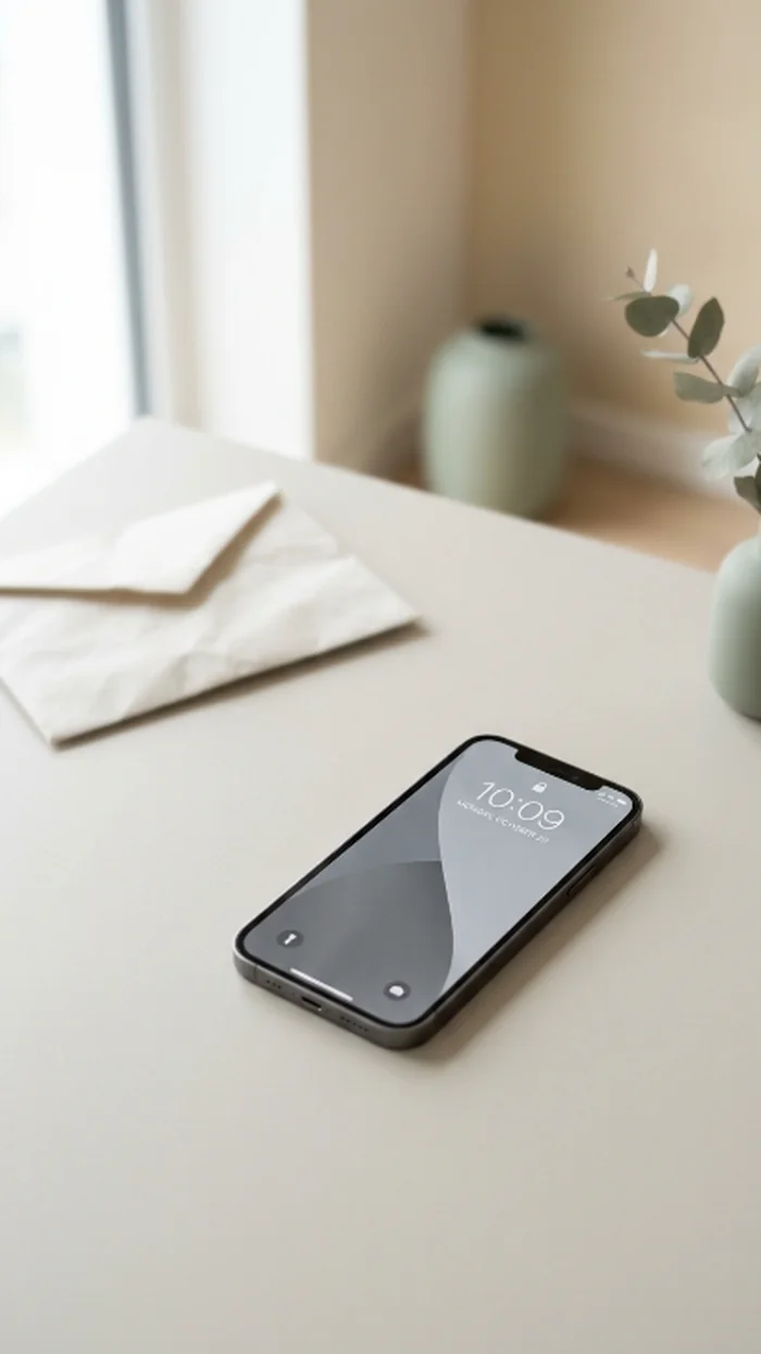An empty paper envelope softly out of focus in the background while a smartphone stays sharp in the foreground