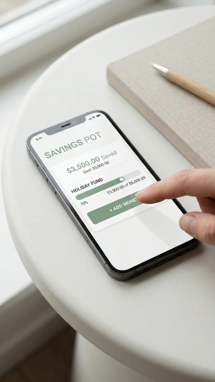 A smartphone screen showing a savings pot progress bar with a fingertip mid-tap on Add Money