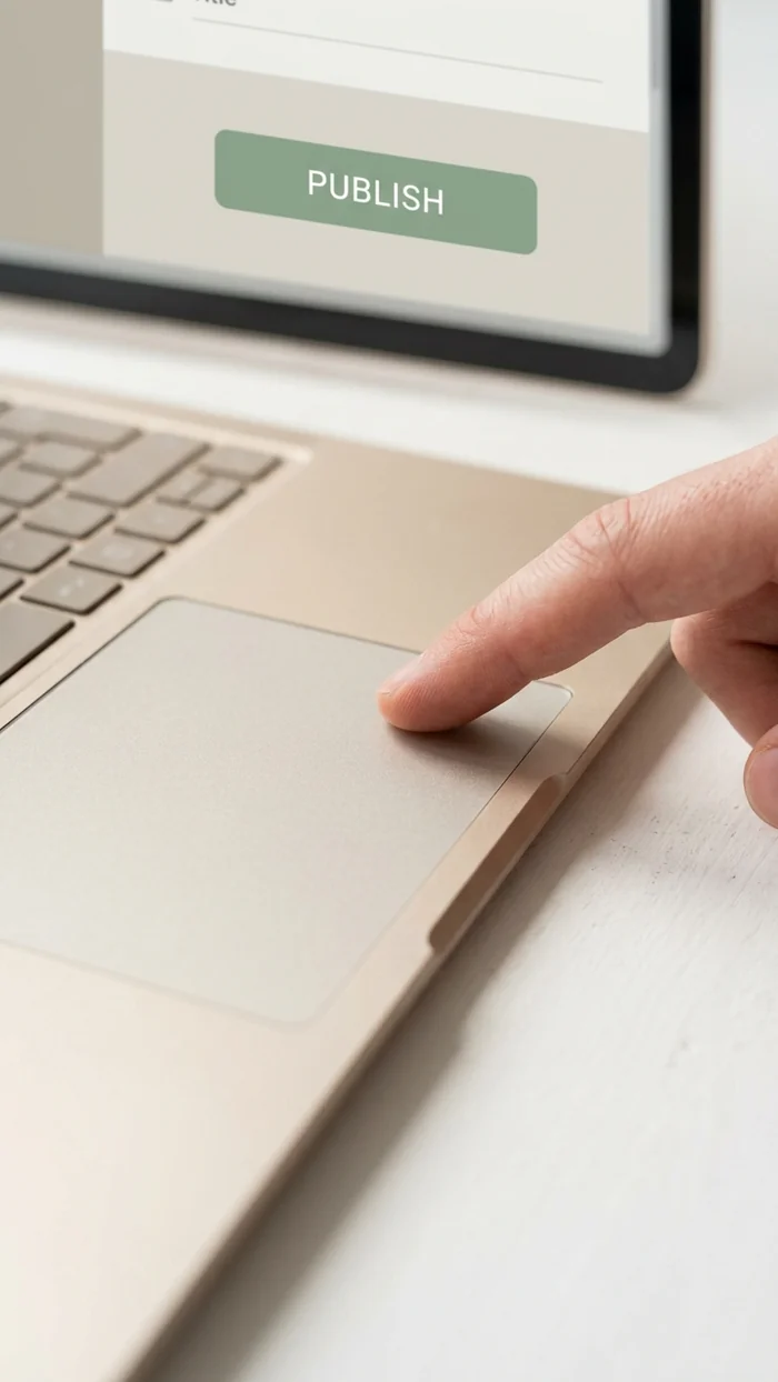 A fingertip clicking a bright Publish button on a laptop trackpad