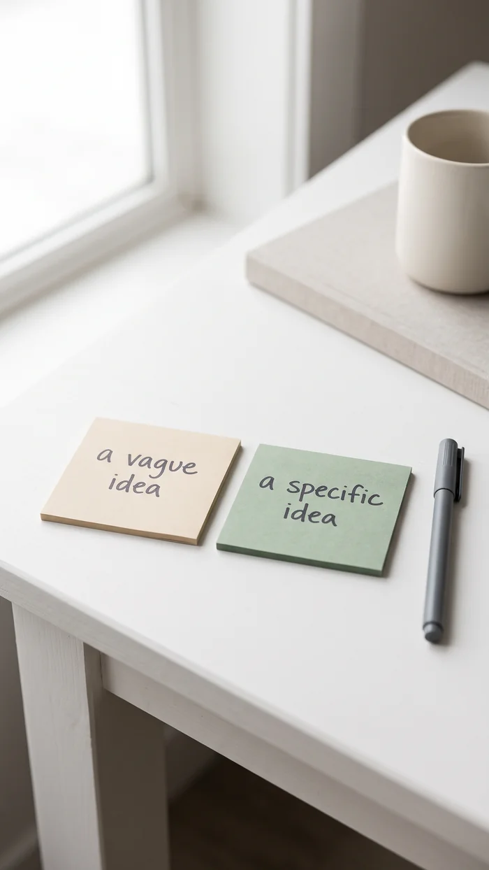 Two sticky notes side by side, one reading a vague idea and one reading a specific idea