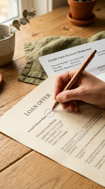 A hand signing a loan offer document with a copper pen on a wooden desk