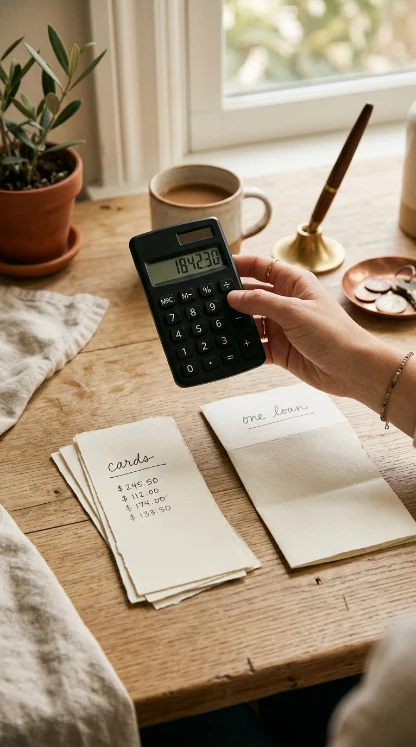A hand holding a calculator above several paper statement slips laid out on a wooden desk beside a coffee cup