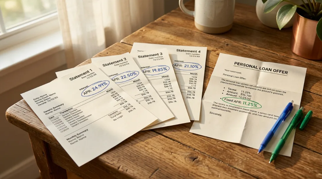 Four handwritten-style credit card statements fanned out on a desk beside a folded loan offer letter with amounts circled in blue ink, a copper pen resting nearby