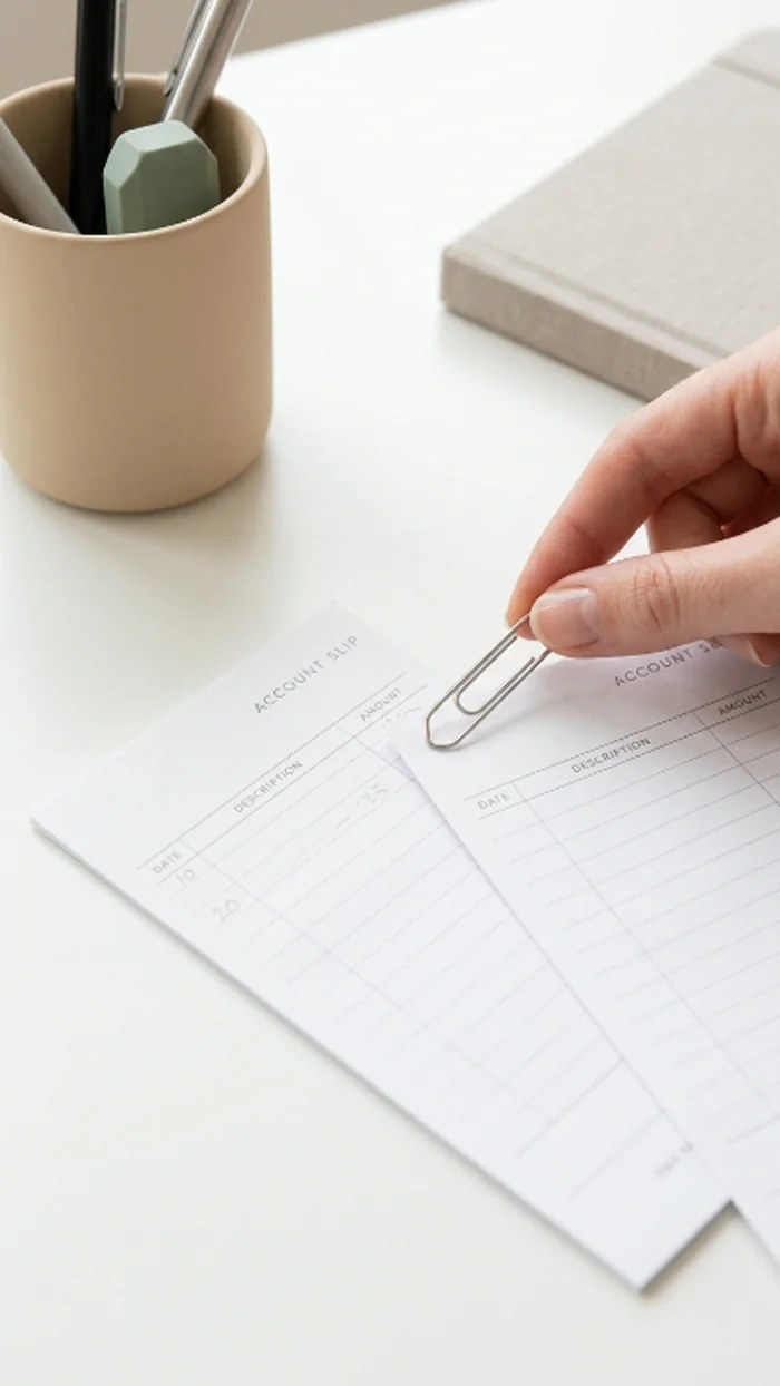 A silver paperclip being physically moved from one paper account slip to the next