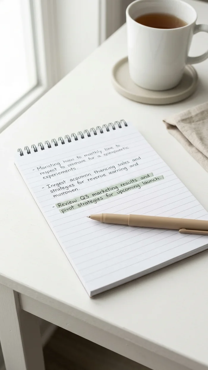 A single highlighted line of handwriting on a notepad, a pen resting across the page