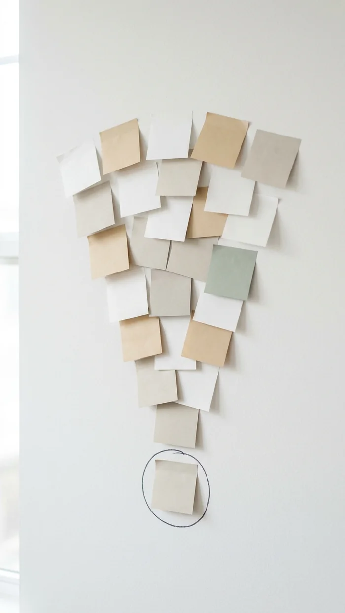 A cluster of sticky notes arranged in a funnel shape on a wall, narrowing from many notes to one circled note at the bottom