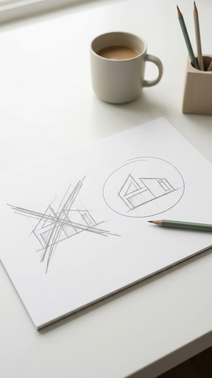 A crossed-out pencil sketch on paper beside a kept, circled sketch on the same page