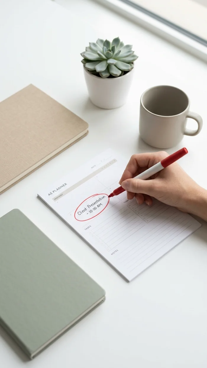 A hand circling one item, a printed planner page, on a flatlay spread with a red marker
