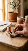 A hand turning a hand-drawn paper credit score dial from the red zone toward the green