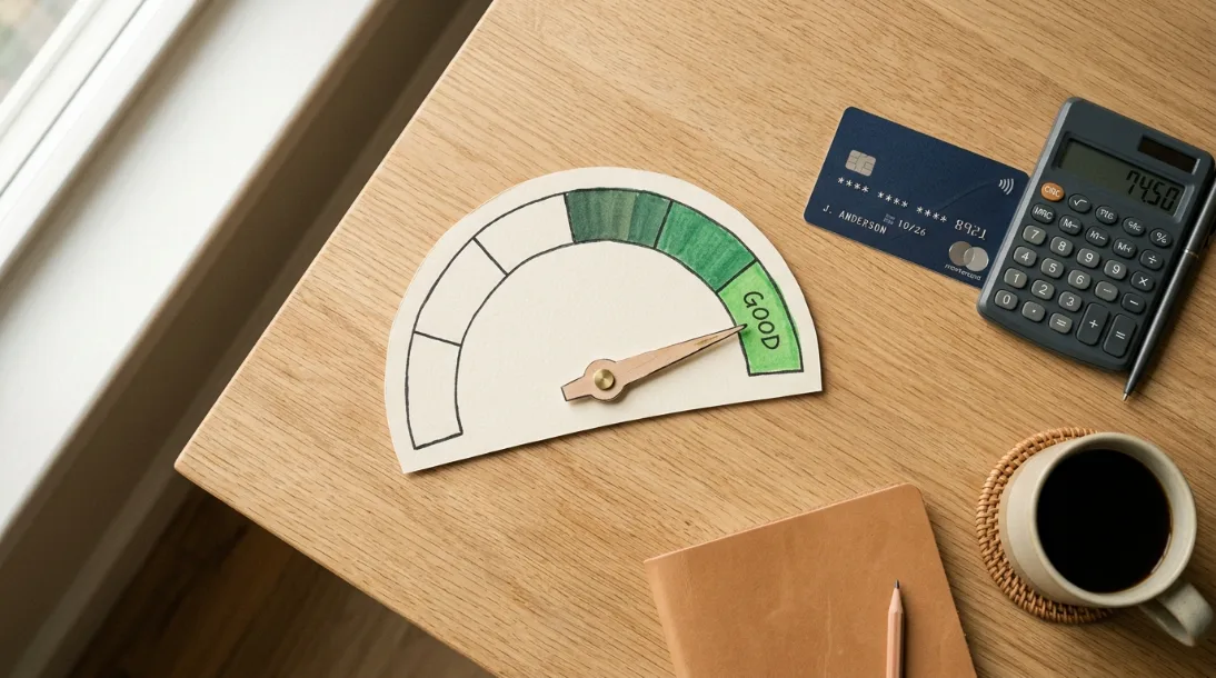 A hand-drawn paper credit score gauge with the needle pointing into a green 'good' zone, resting on a desk beside a credit card, a calculator, and a cup of coffee