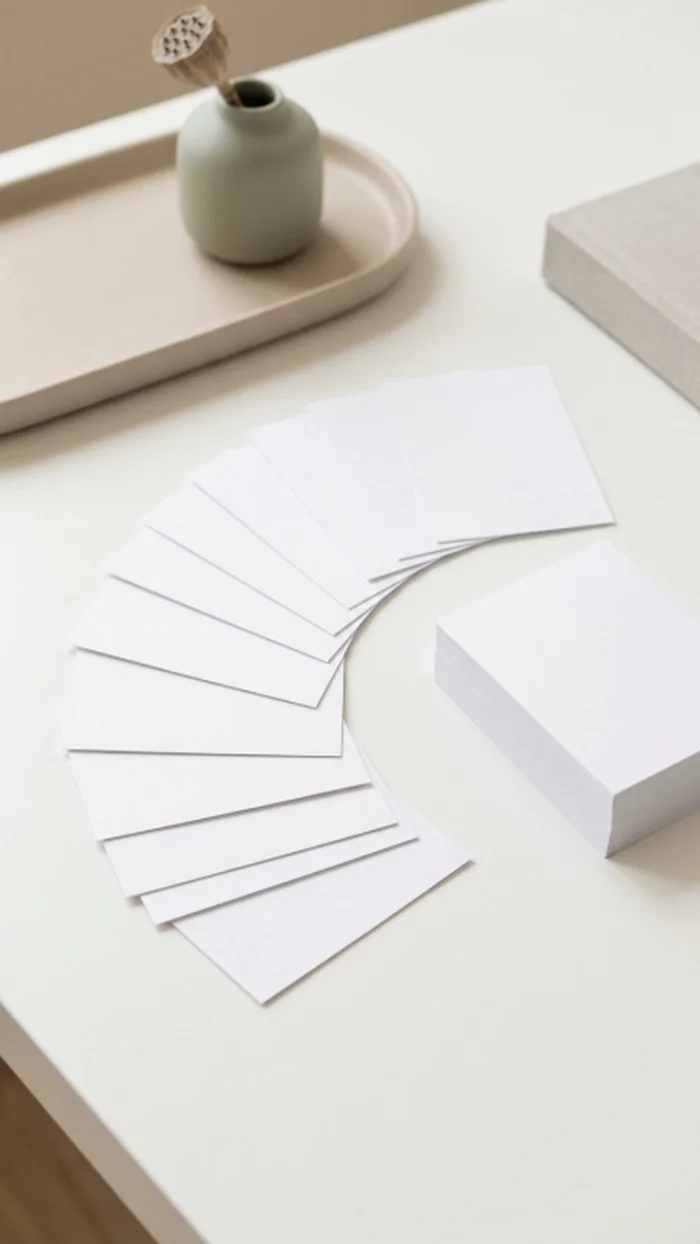 Ten small individual paper slips fanned out on a desk beside one thick identical stack of paper