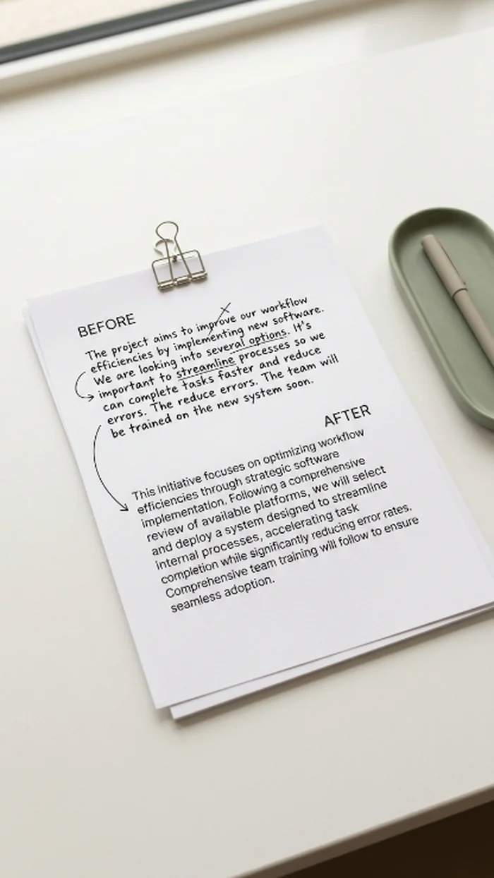 A printed one-page before-and-after writing sample clipped together, showing a rewritten paragraph