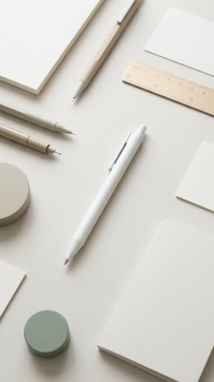 A pen from a toolkit flatlay set subtly apart and spotlit from the surrounding objects