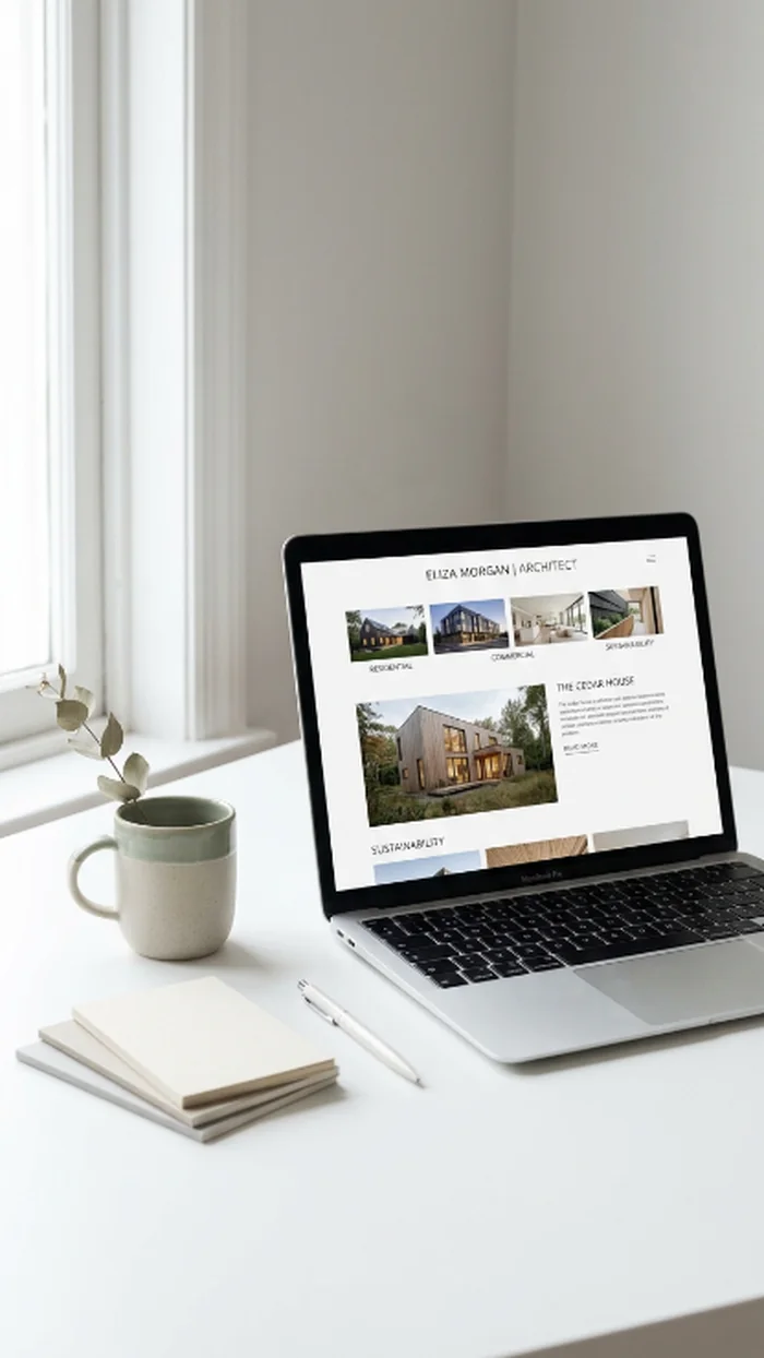 A laptop screen showing a clean, uncluttered single-scroll portfolio webpage