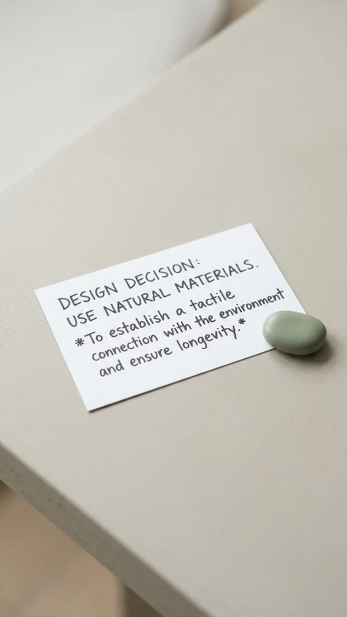 One handwritten caption card explaining a design decision in a few short lines