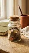A corked glass jar filled with coins catching warm window light on a wooden desk