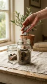 A hand dropping coins into the fuller of two glass savings jars on a linen-covered table