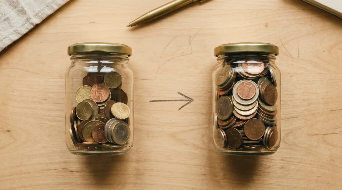 Two glass jars of coins side by side on a wood desk, the jar on the right noticeably fuller than the one on the left, with a small arrow drawn between them