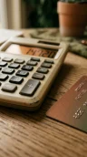 A close crop of a calculator on a wooden desk beside a payment card in warm side light