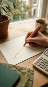 A hand drawing a rising line across graph paper with a copper pen, a calculator resting nearby