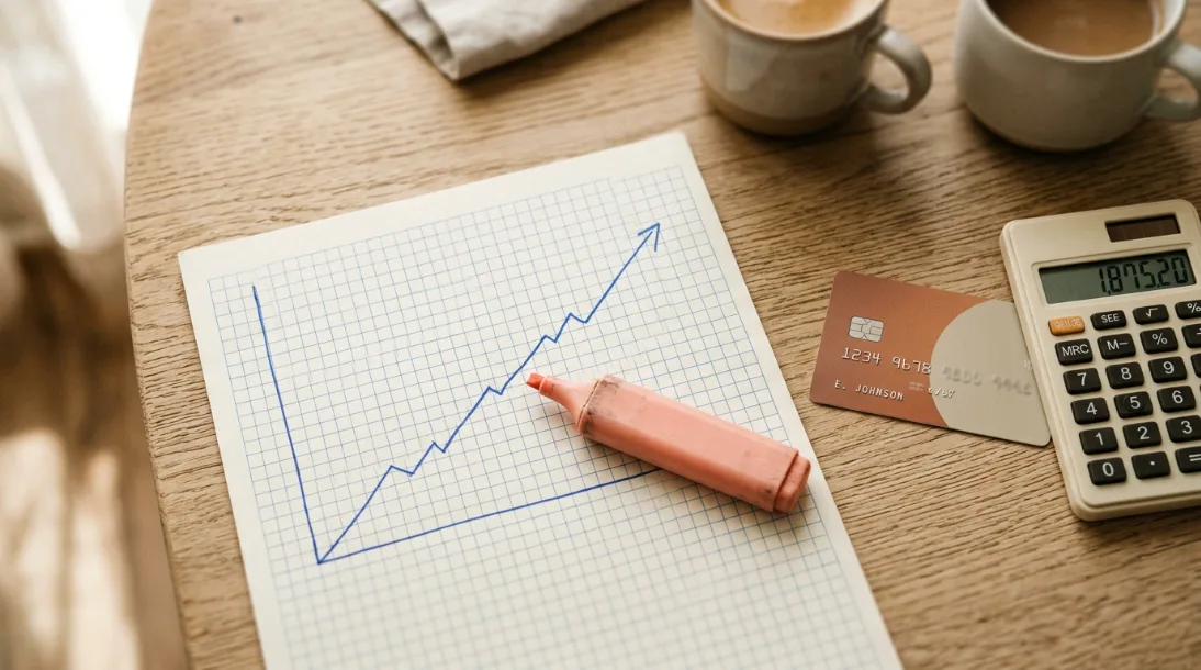 A hand-drawn rising line graph on grid paper with an orange highlighter resting across it, next to a credit card and a calculator on a wood desk