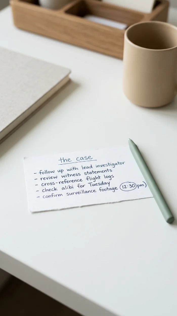 An index card headed the case with a short handwritten list of bullet points, one item circled