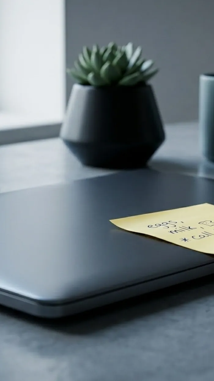 A yellow sticky note half peeled off the edge of a closed laptop