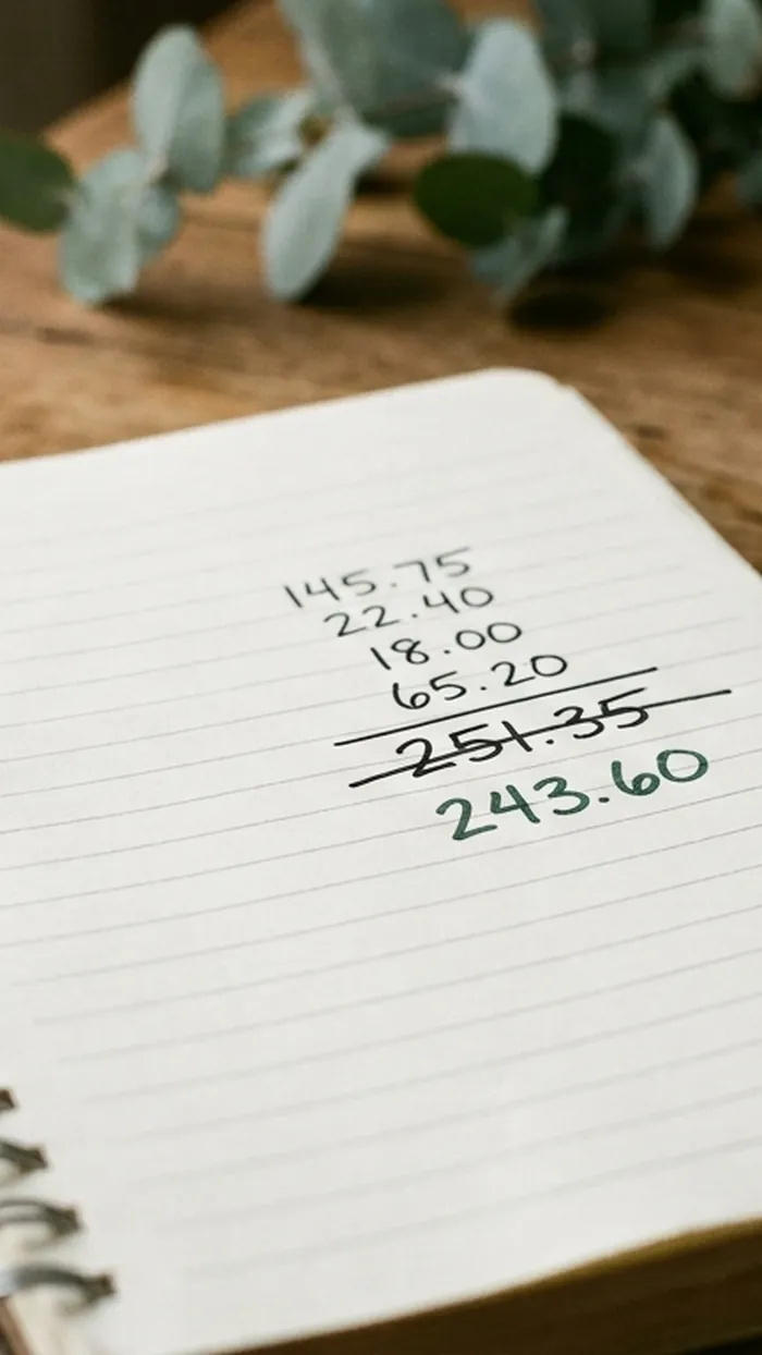 A notebook with a crossed-out total of 251.35 rewritten as 243.60 below it