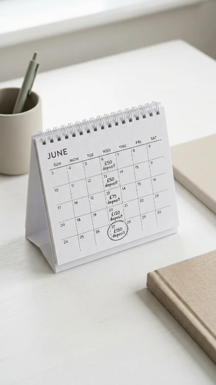A desk calendar with small handwritten deposit amounts across several weeks, building toward one circled date