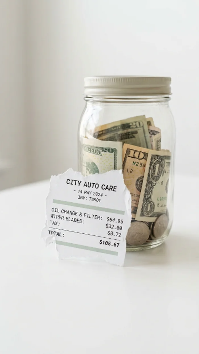 A torn auto-repair receipt resting against a glass savings jar with cash visible inside