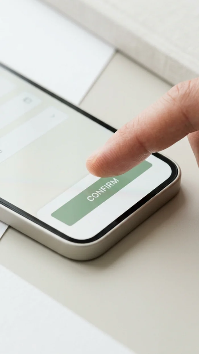 A close crop of a fingertip tapping a bright confirmation button on a smartphone screen