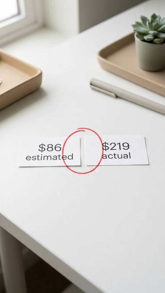Two paper slips reading $86 estimated and $219 actual, with a red marker circle drawn around the gap between them