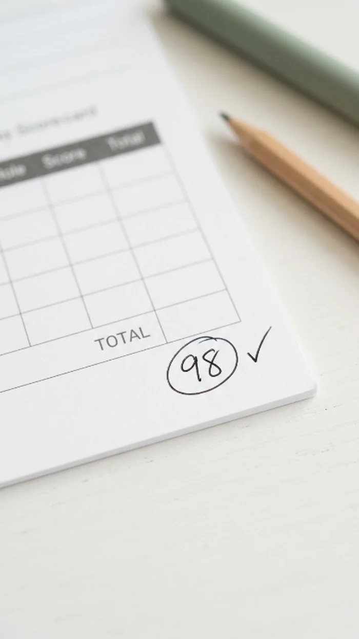 A circled total number on a scorecard sheet with a small checkmark beside it