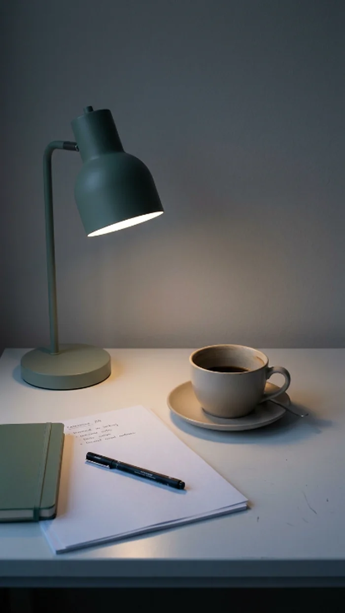 A tired late-evening desk scene with a dim lamp and a half-empty coffee cup