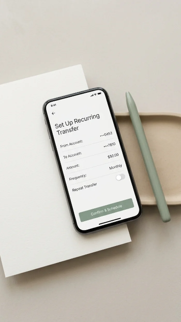 A smartphone screen mid-setup on a small recurring automatic bank transfer