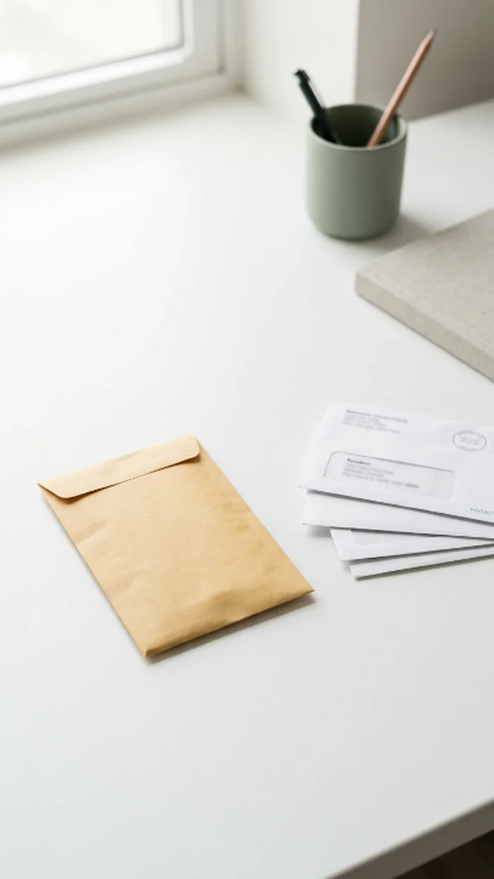 A small paper buffer envelope sitting slightly apart from a short stack of household bills