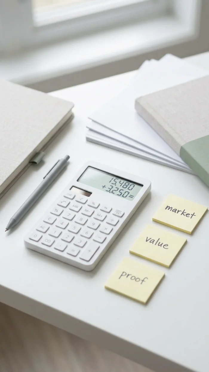 A pocket calculator mid-calculation on a desk beside three small sticky notes reading market, value, and proof