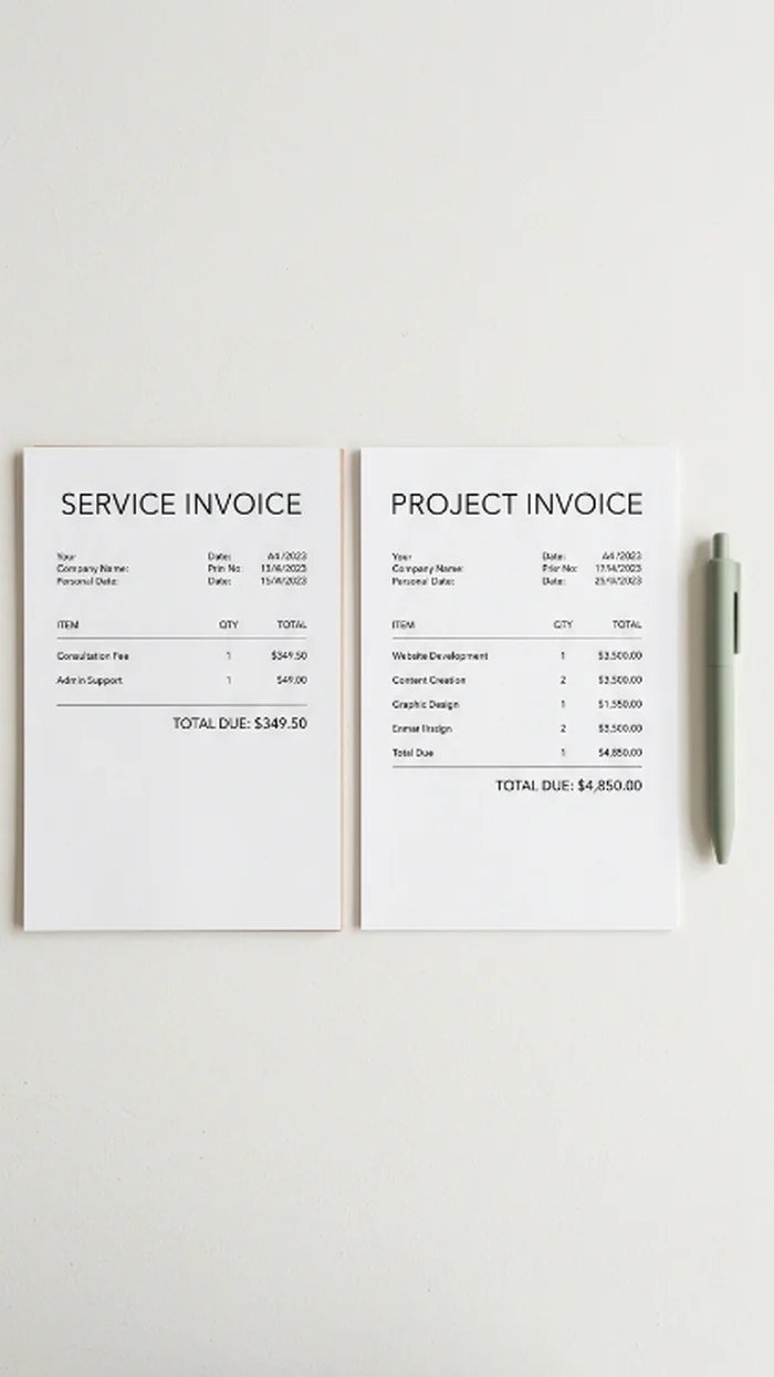 Two paper invoices side by side, one with a visibly lower total and one with a visibly higher total