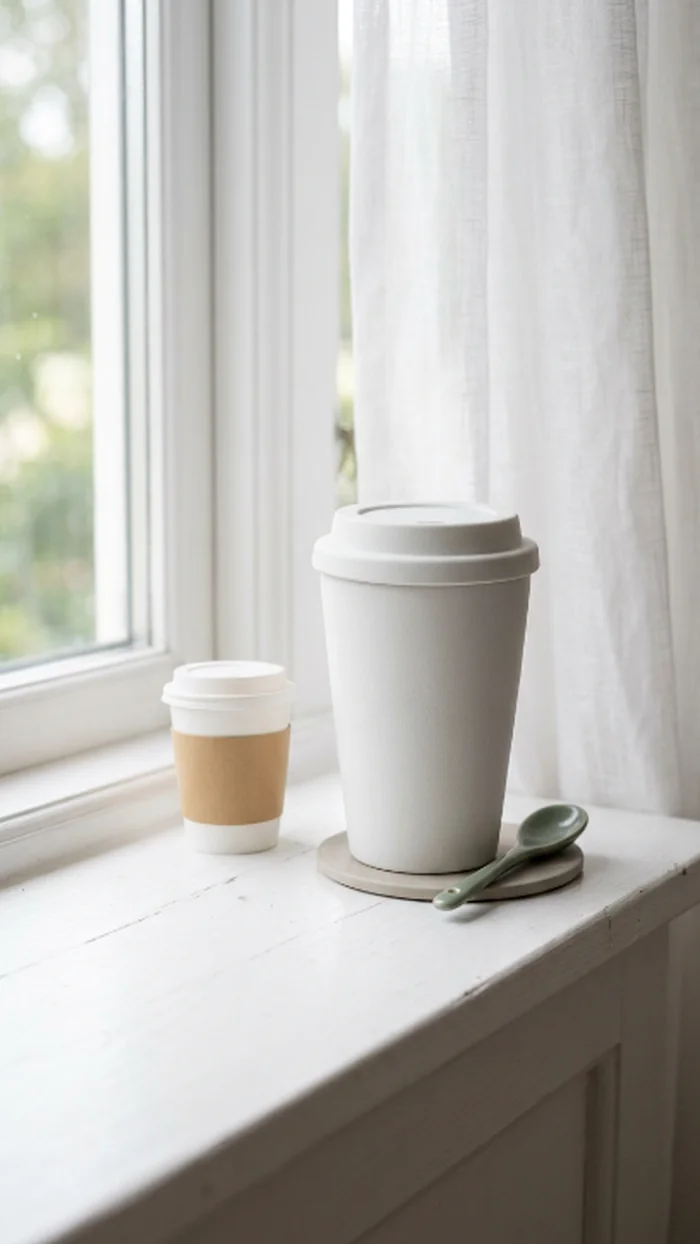 A reusable coffee cup on a sunny windowsill beside a disposable paper cup pushed slightly to the side